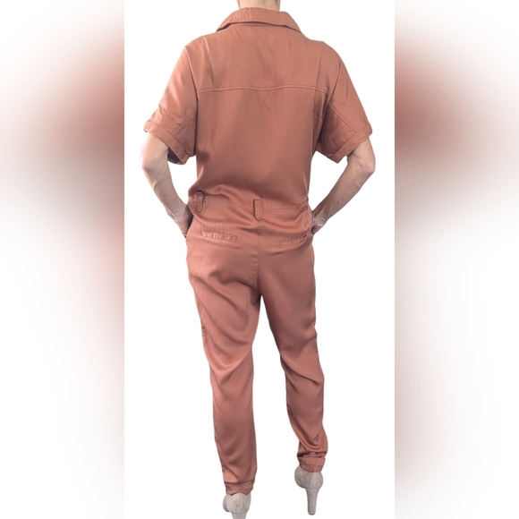 FRNCH Cognac Short Sleeve Button Up Utility One Piece Minimalist Jumpsuit Size S - Picture 12 of 16